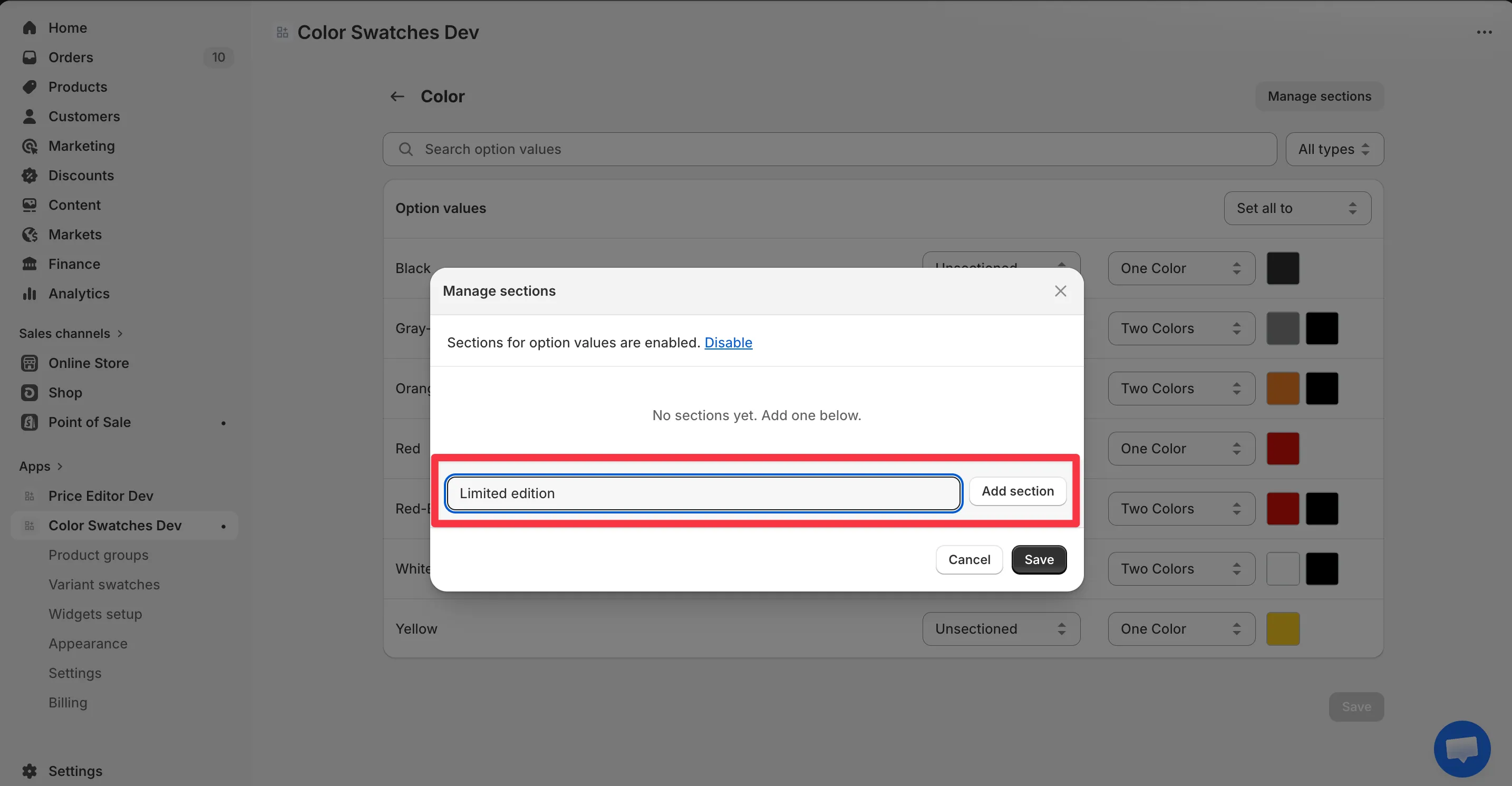 The Manage sections dialog with 'Limited edition' typed into the name field and the Add section button highlighted.