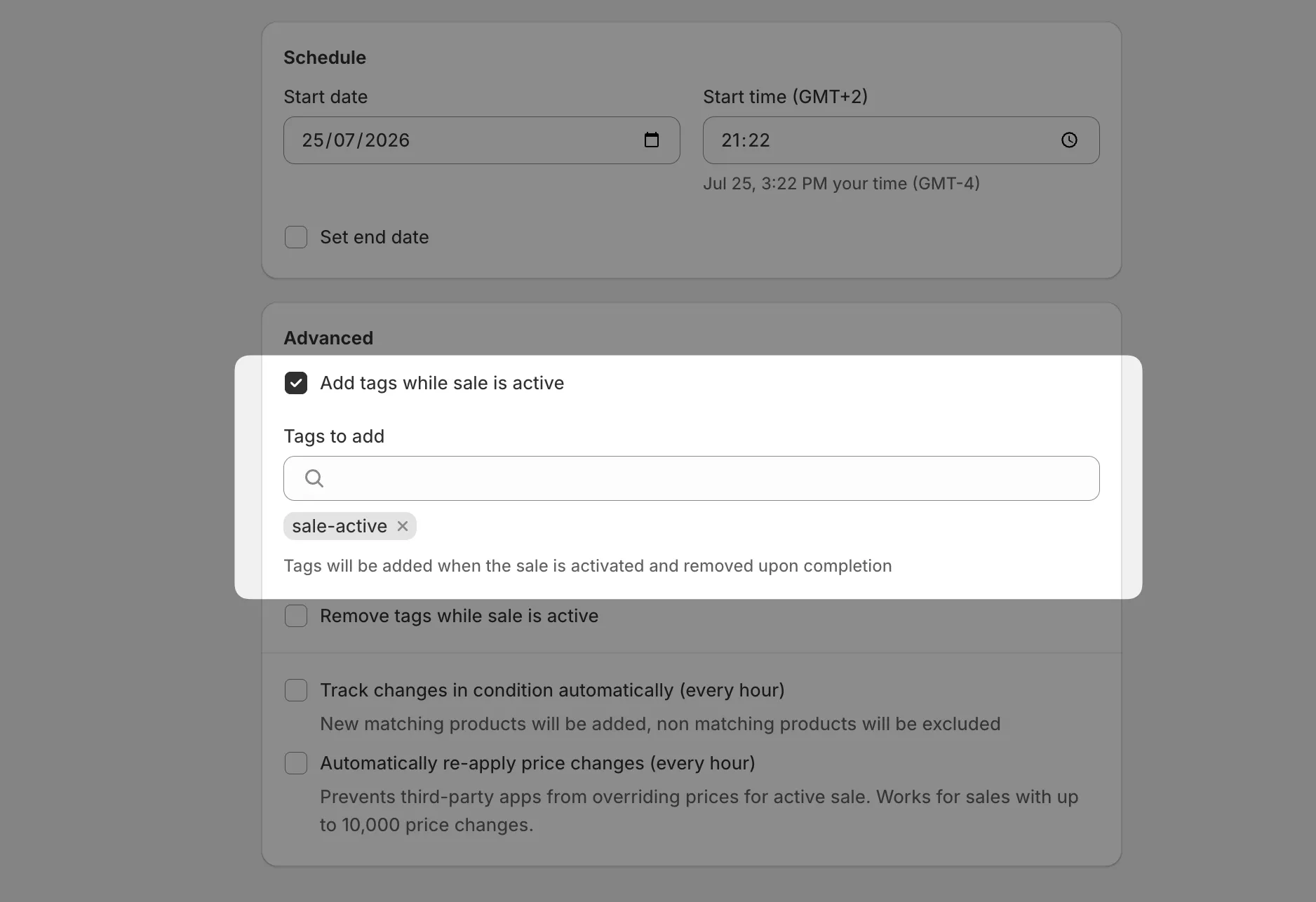 The Add tags while sale is active option with a tag entered
