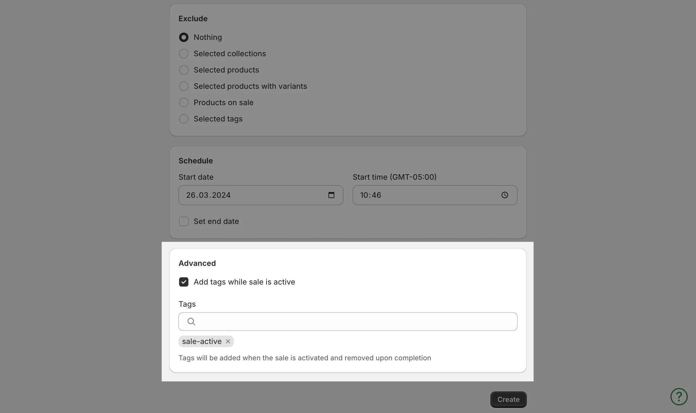 The Add tags while sale is active option with a tag entered