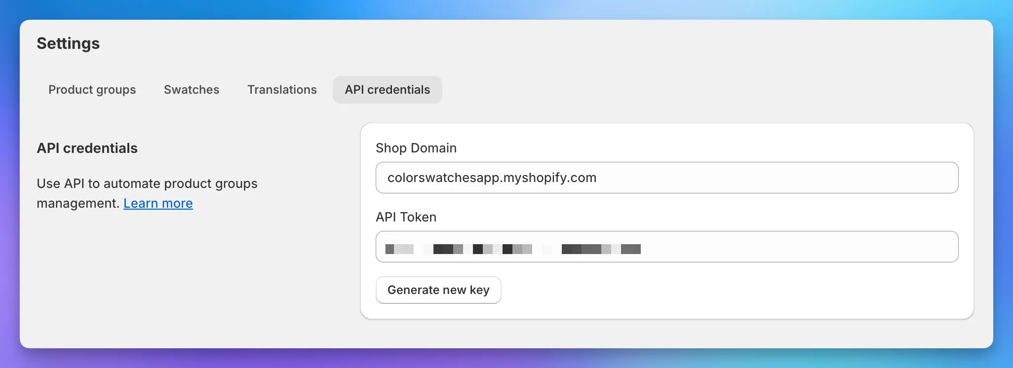 The API credentials tab in Settings, showing the Shop Domain and API Token fields and the Generate new key button.