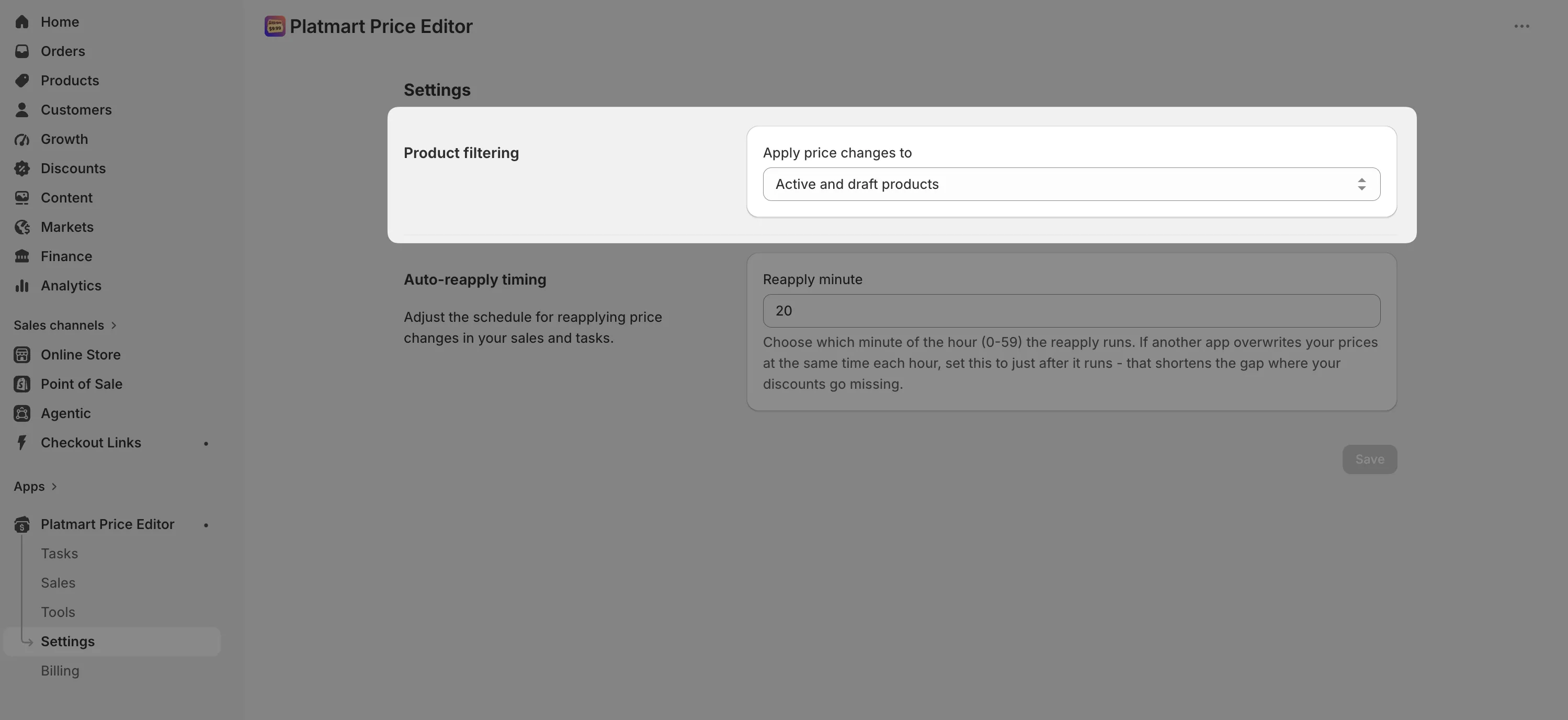 The Settings page with Apply price changes to set to Active and draft products