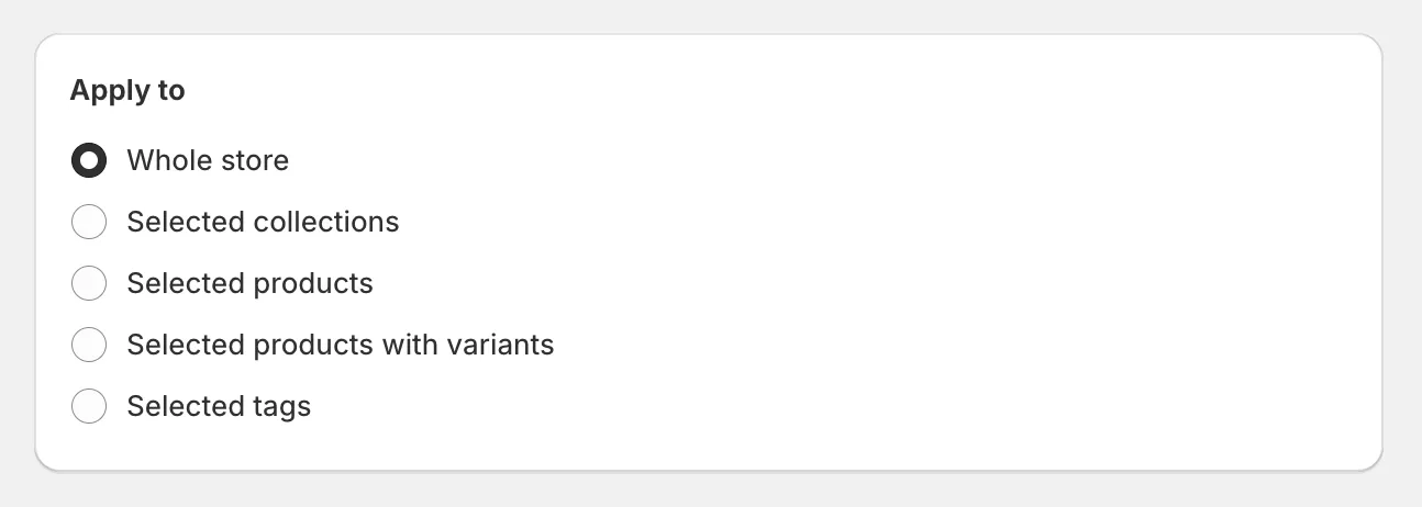 The Apply to card with the product selection options