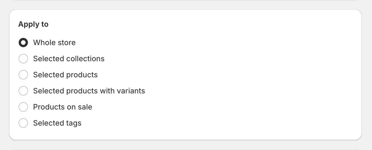 The Apply to card with the product selection options