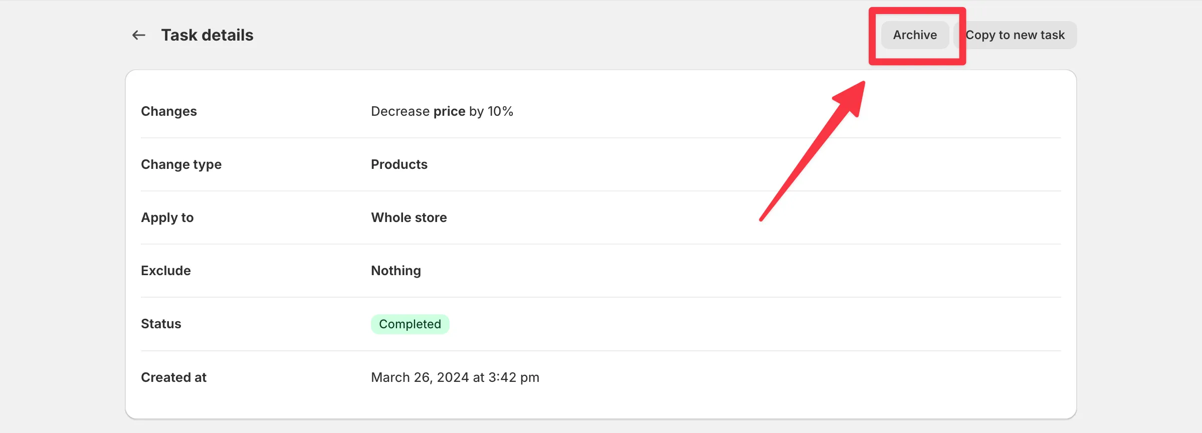 The Archive button on the task details page