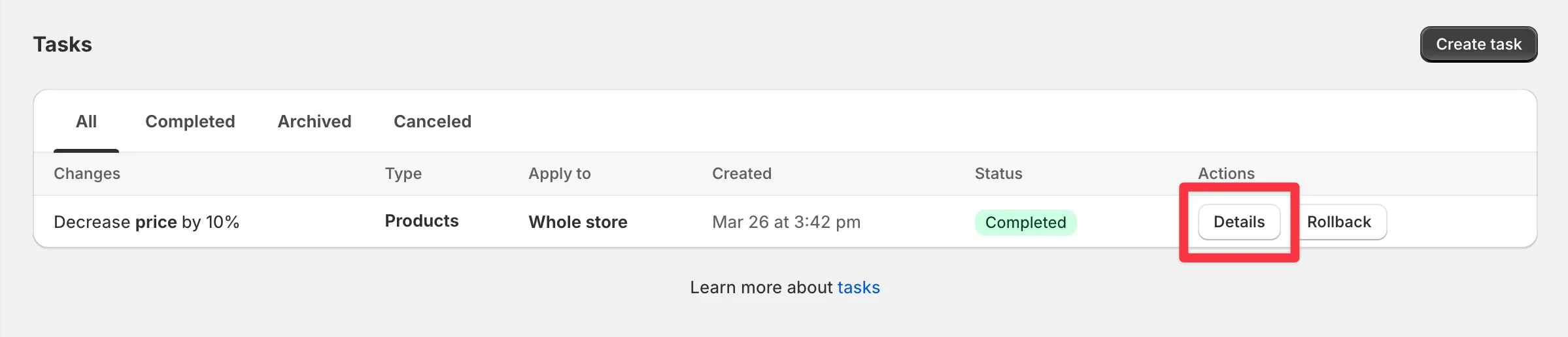 The Details button next to a completed task
