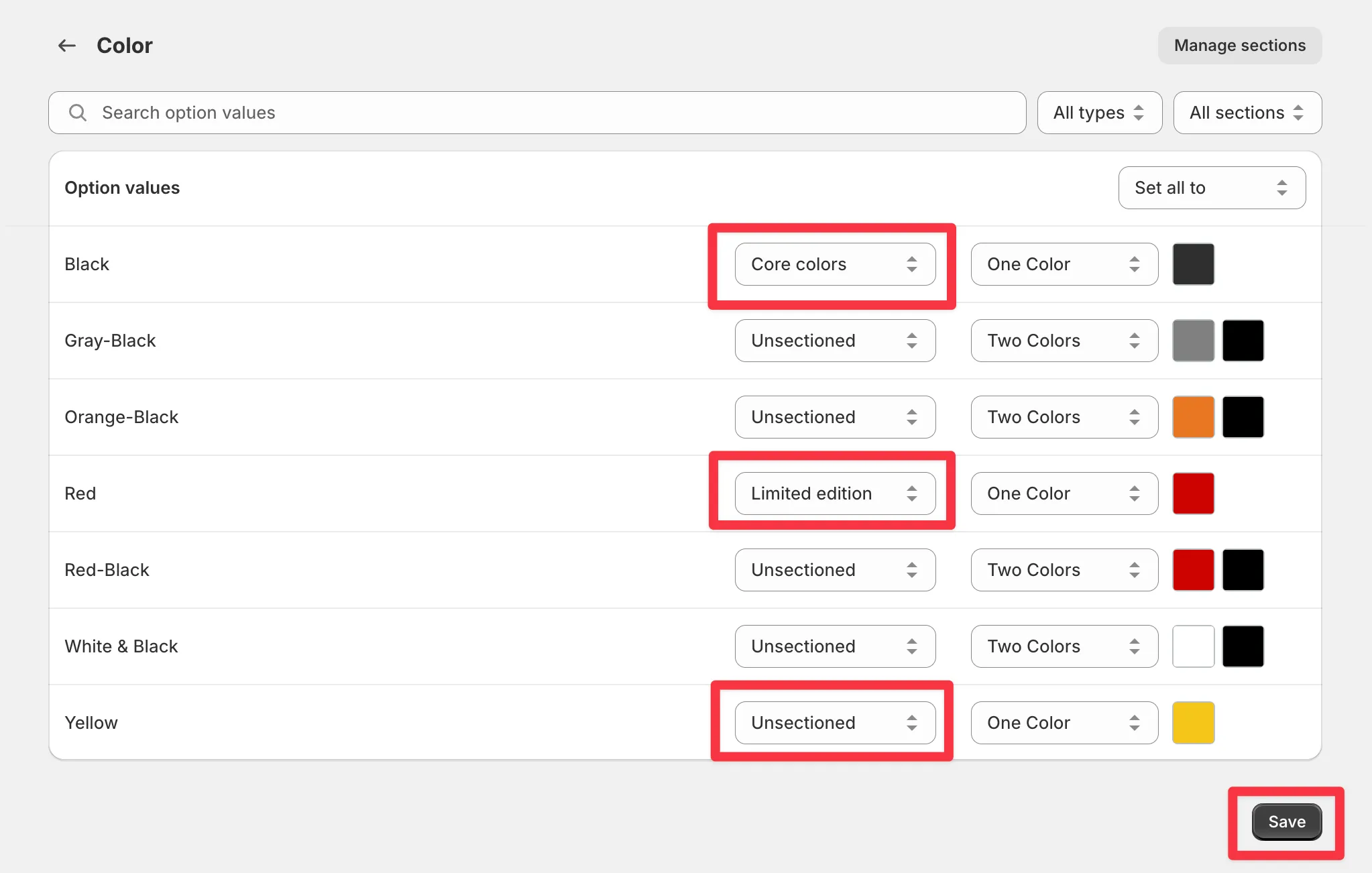 The Color option page with section dropdowns per value: Black set to Core colors, Red set to Limited edition, Yellow left Unsectioned, and the Save button highlighted.