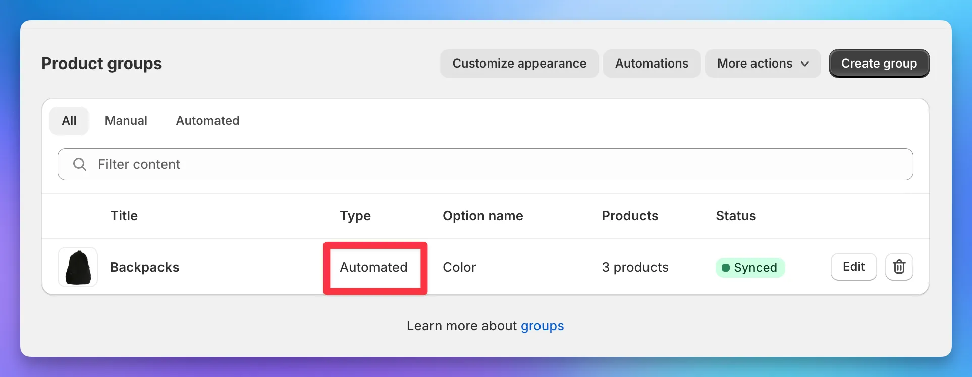 The Product groups list with a Backpacks group marked Automated and Synced.