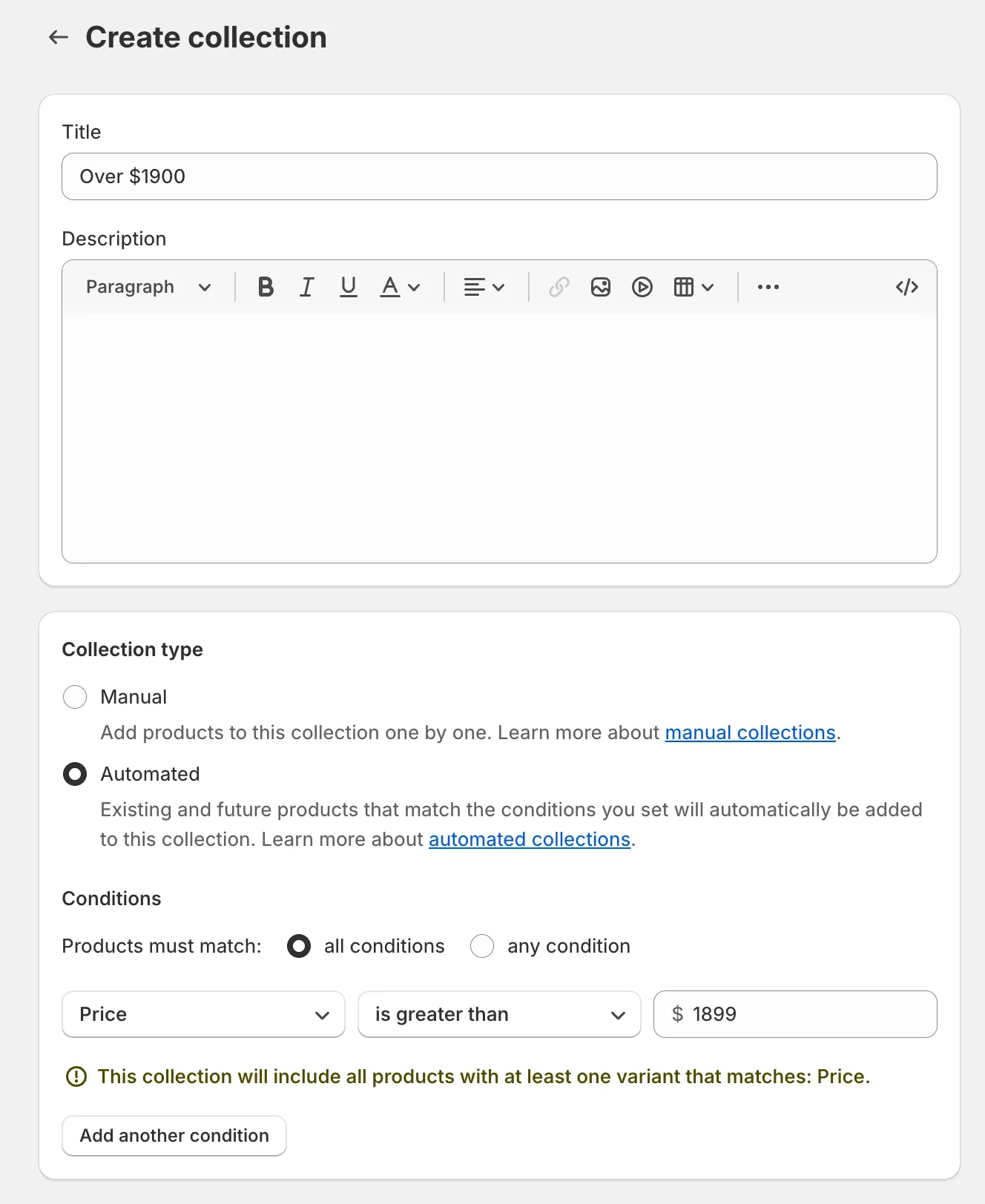 An automated collection with a price condition in the Shopify admin