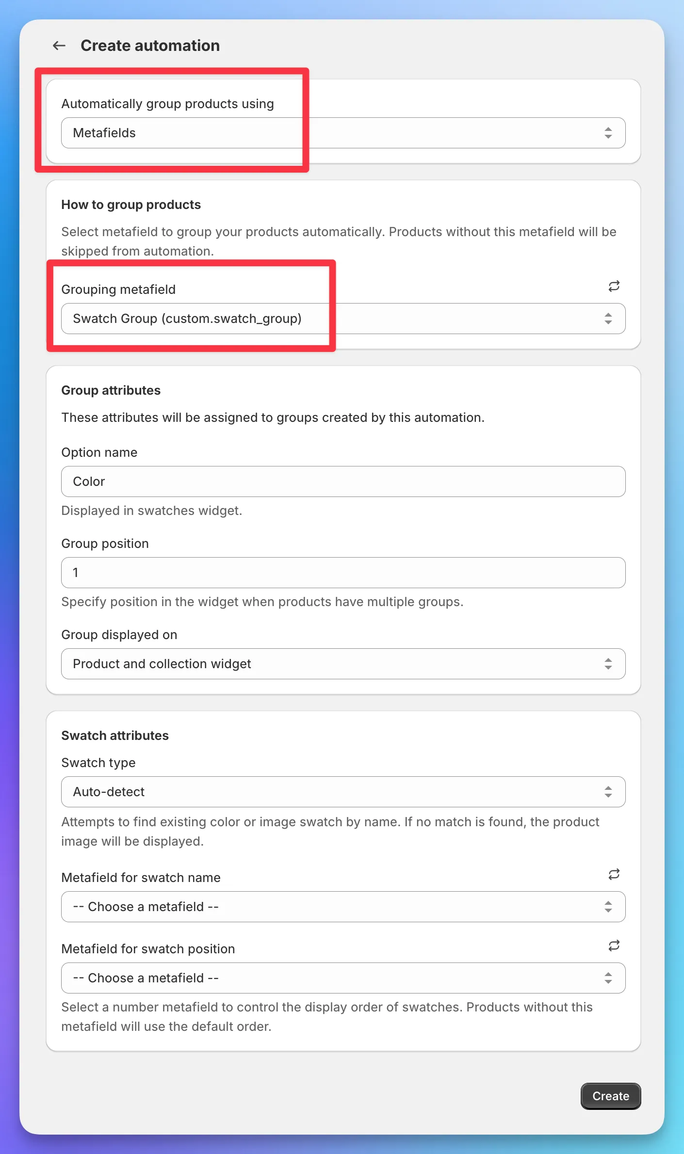 The Create automation form showing Group attributes (option name, group position, displayed on) and Swatch attributes (swatch type, metafield for swatch name, metafield for swatch position).