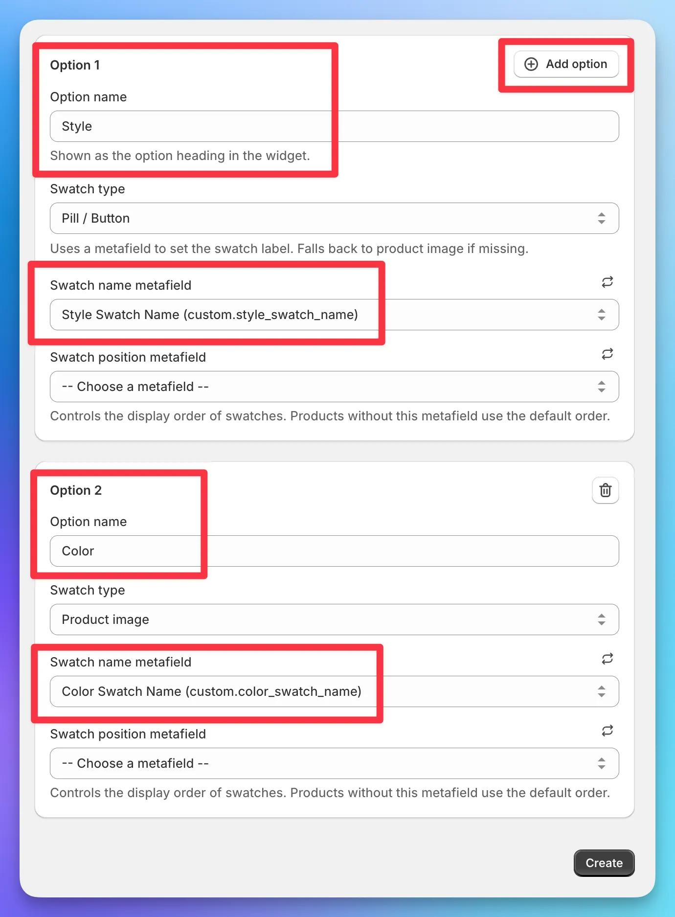 Automation form with Option 1, Option 2, and Option 3 each configured with their own swatch type and metafield definitions