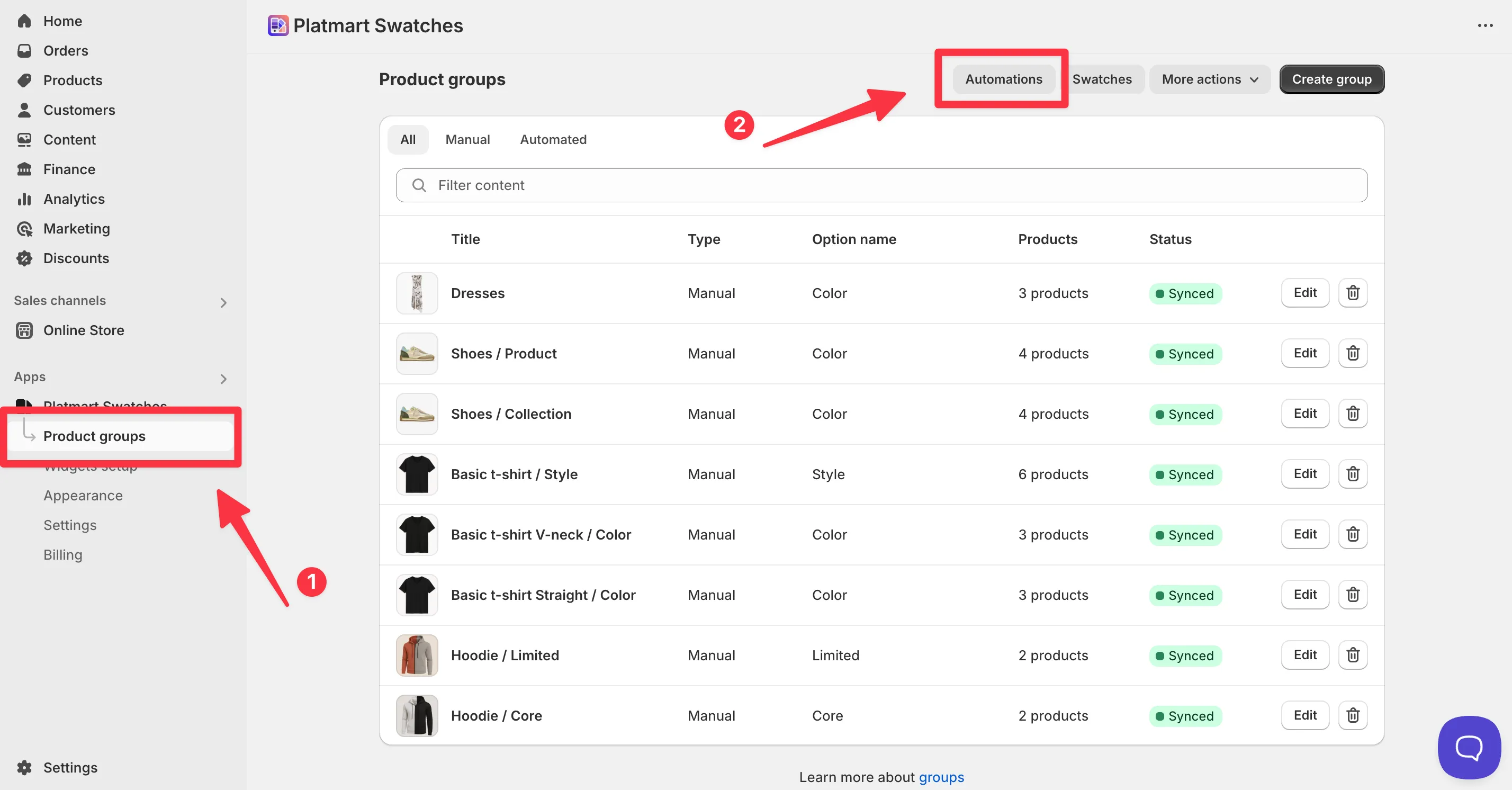 The Platmart Swatches app with Product groups open and the Automations button highlighted.