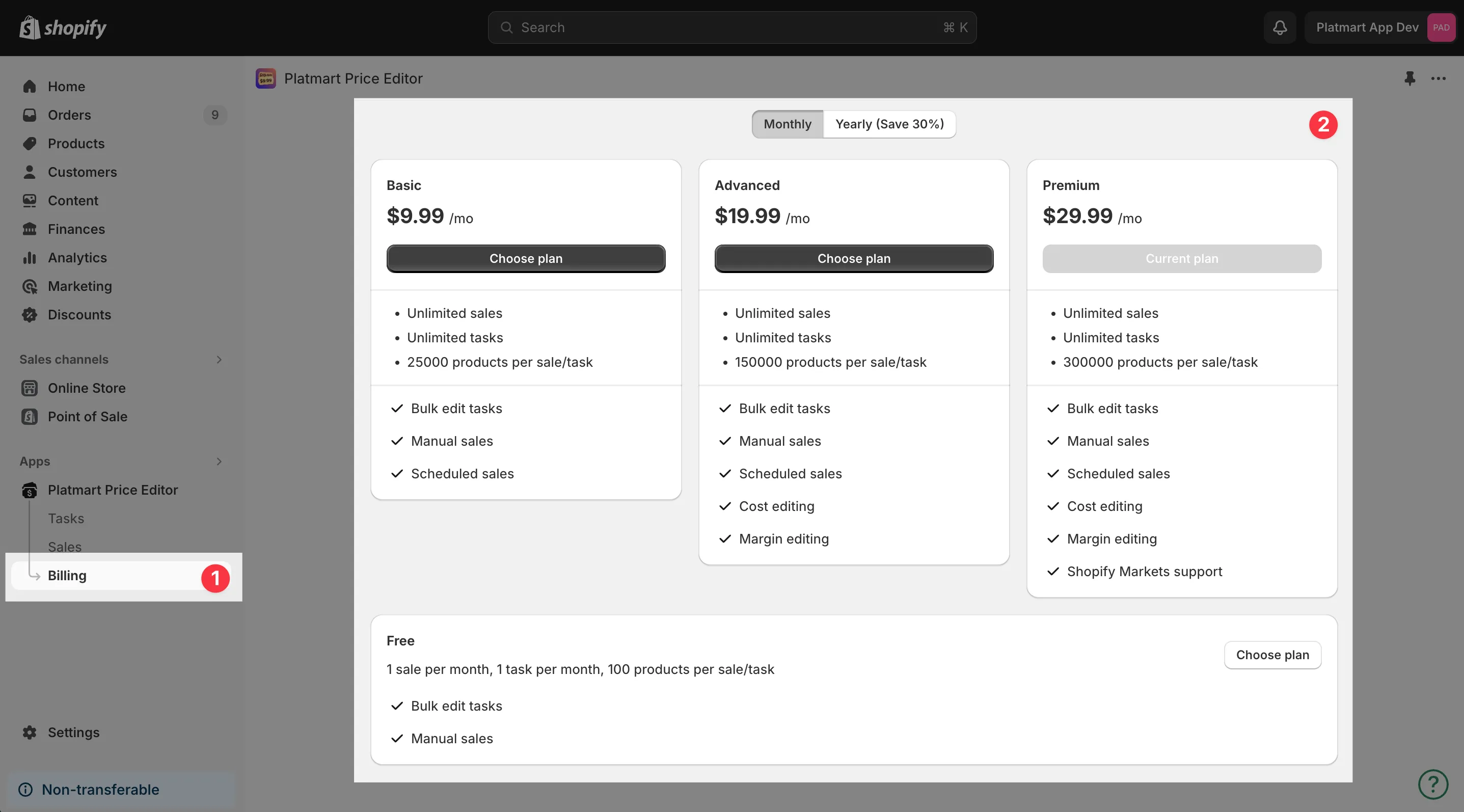 The Billing page with the available plans