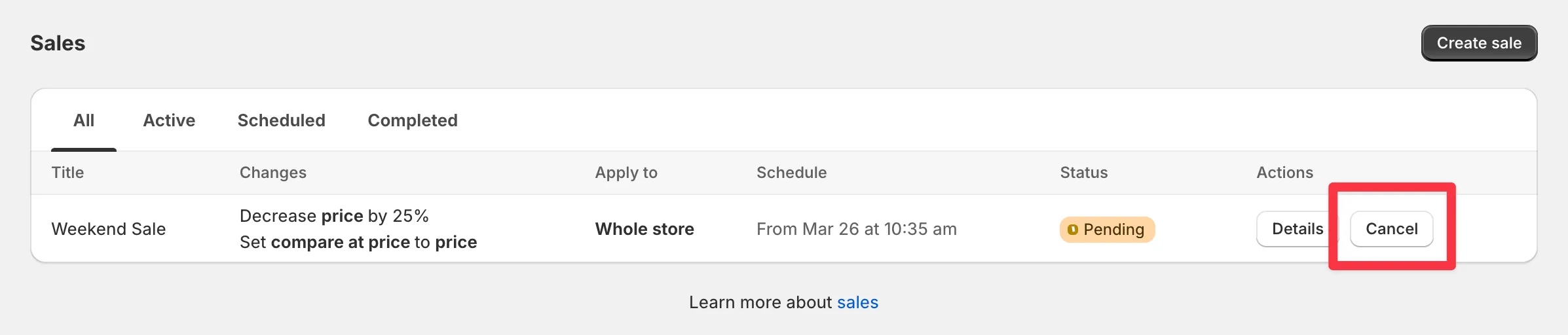 The Cancel button next to an applying sale