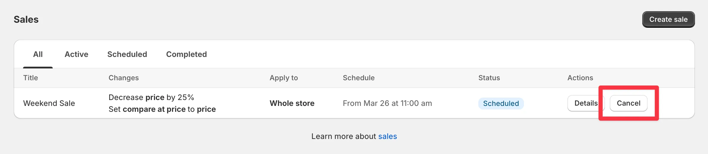 The Cancel button next to a scheduled sale in the sales list