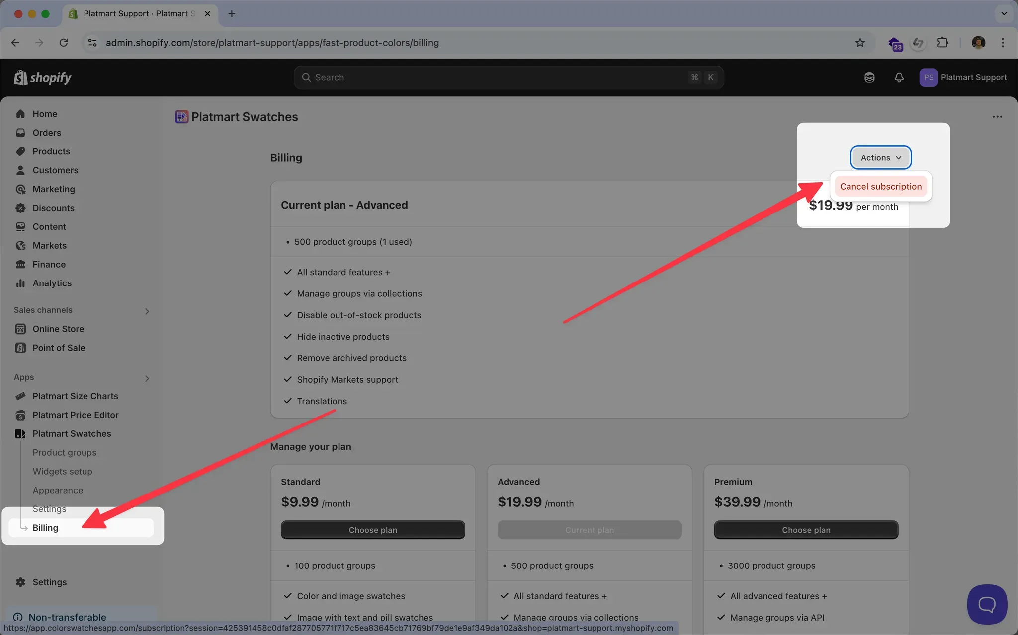 Billing section with the Cancel subscription action open