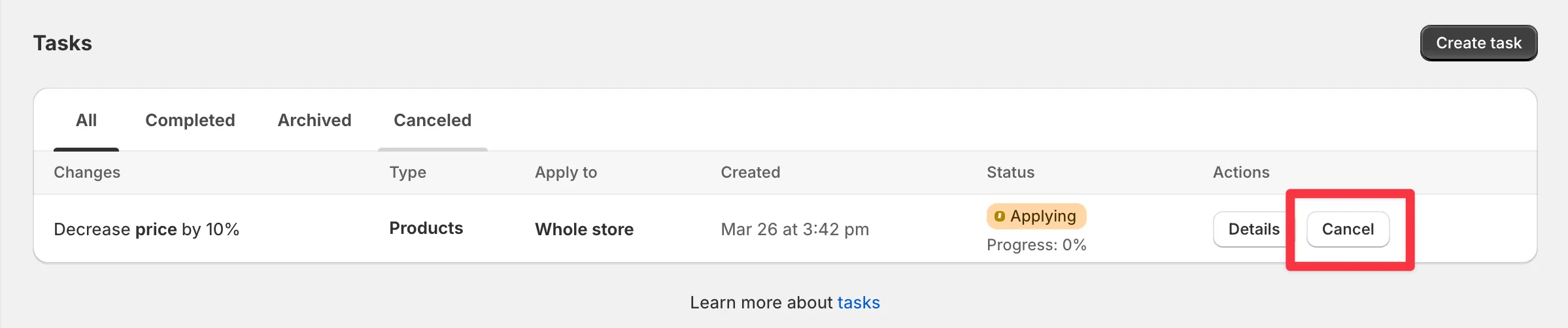 The Cancel button next to an applying task in the task list