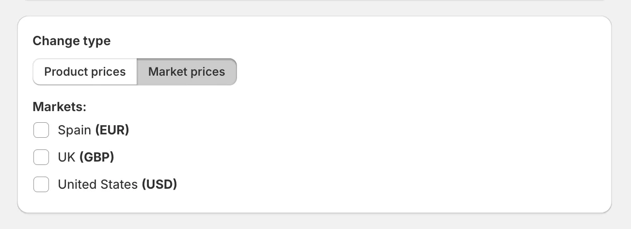 The Change type card with Market prices selected and a market list