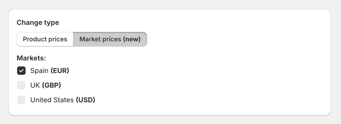 The Change type card with Market prices selected and markets chosen