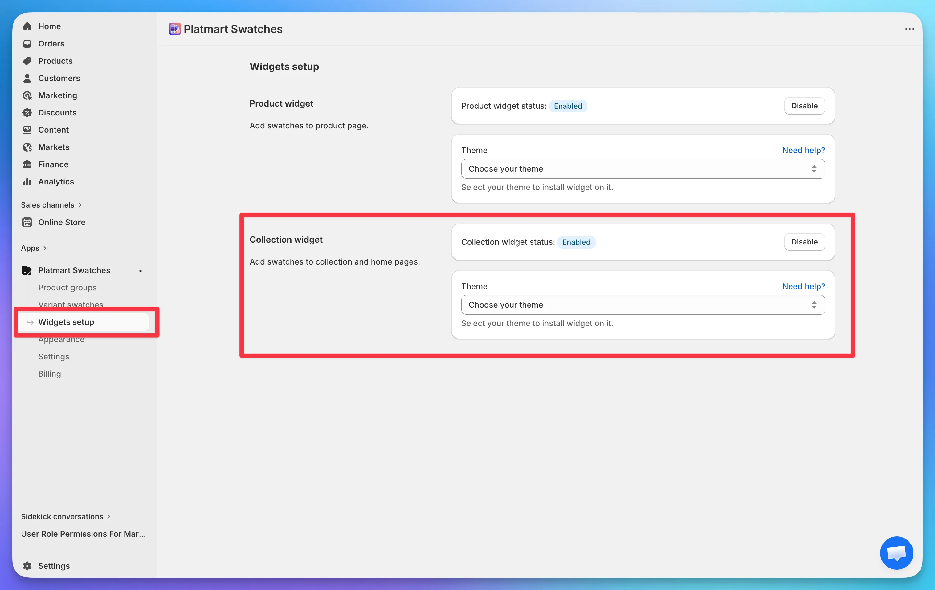 Collection widget setup page showing the Enable app embed button