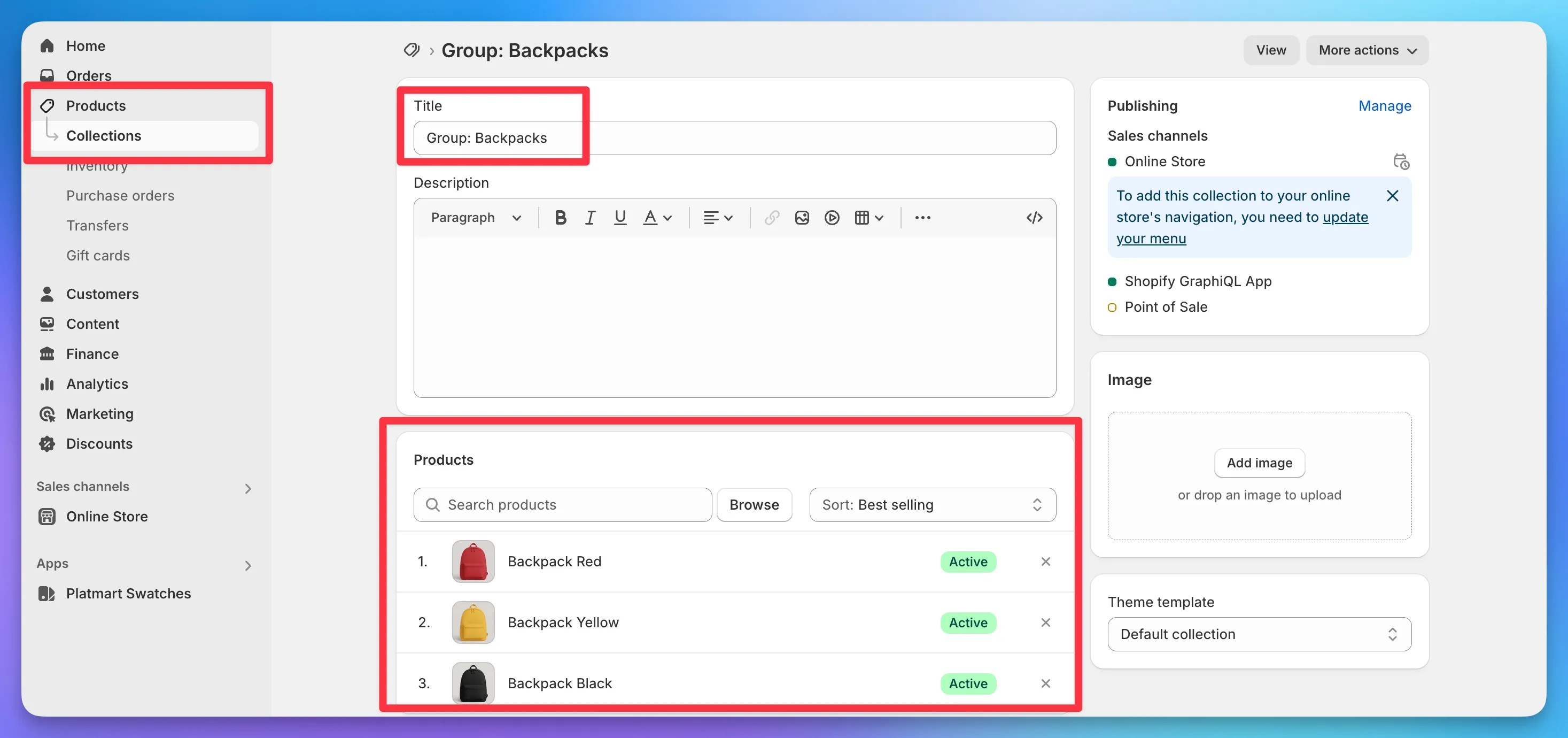 A Shopify collection titled 'Group: Backpacks' containing Backpack Red, Backpack Yellow, and Backpack Black.