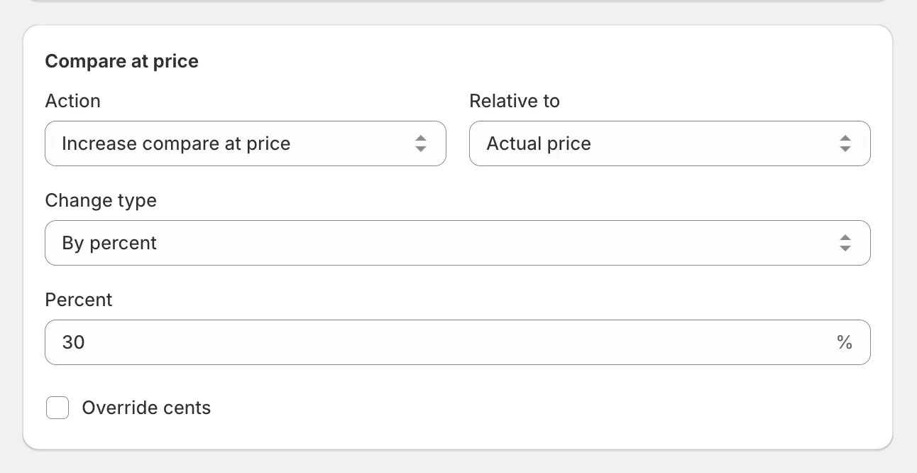The Compare at price card with the list of actions