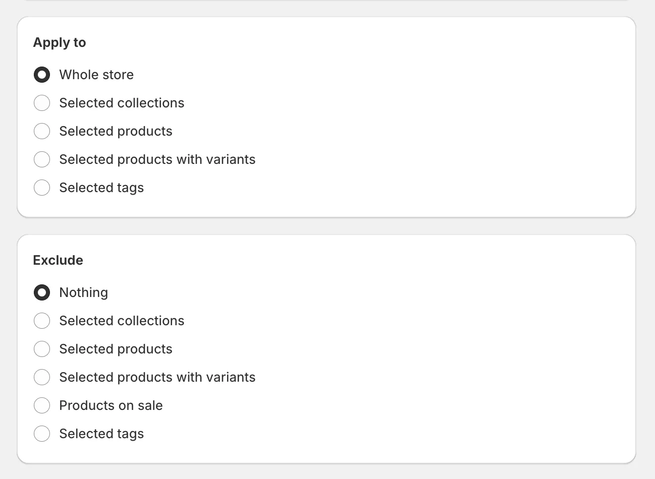 The Apply to card with the product selection for the market sale