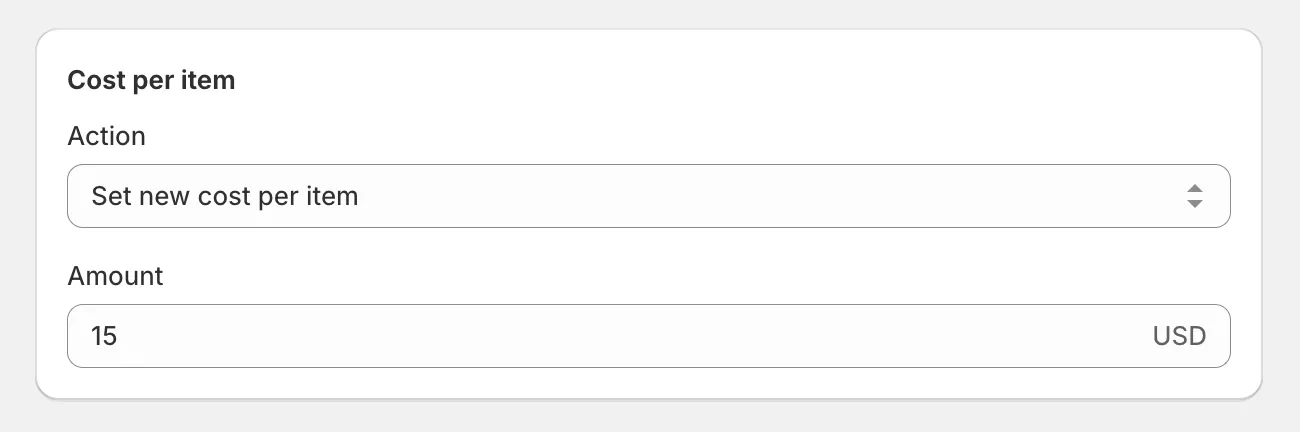 The Cost per item card with the list of actions