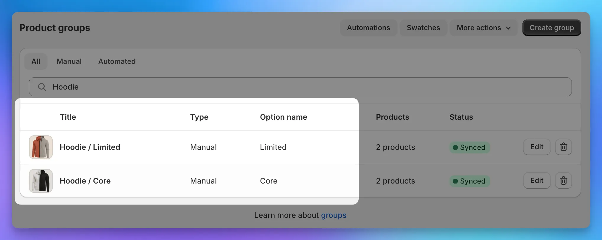 Two product groups in the Color Swatches admin: Hoodie / Core and Hoodie / Limited.