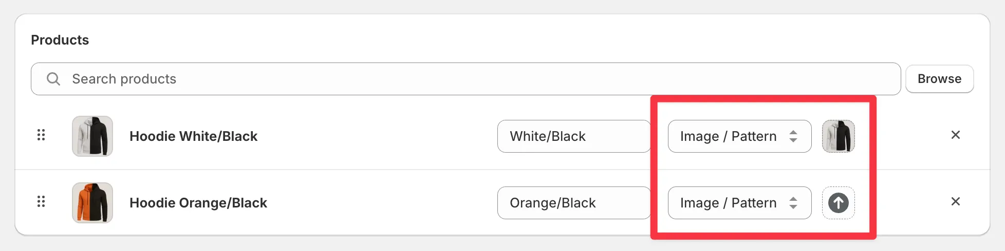 A group's product list with the Image / Pattern type selected - one product has an image set, the other shows the upload button.