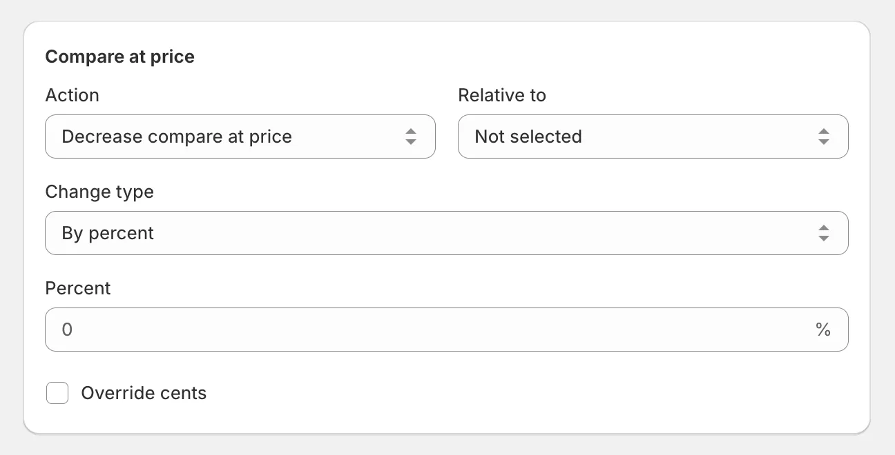 The Compare at price card with Decrease compare at price selected