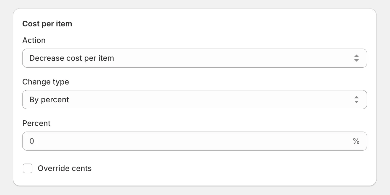 The Cost per item card with Decrease cost per item selected