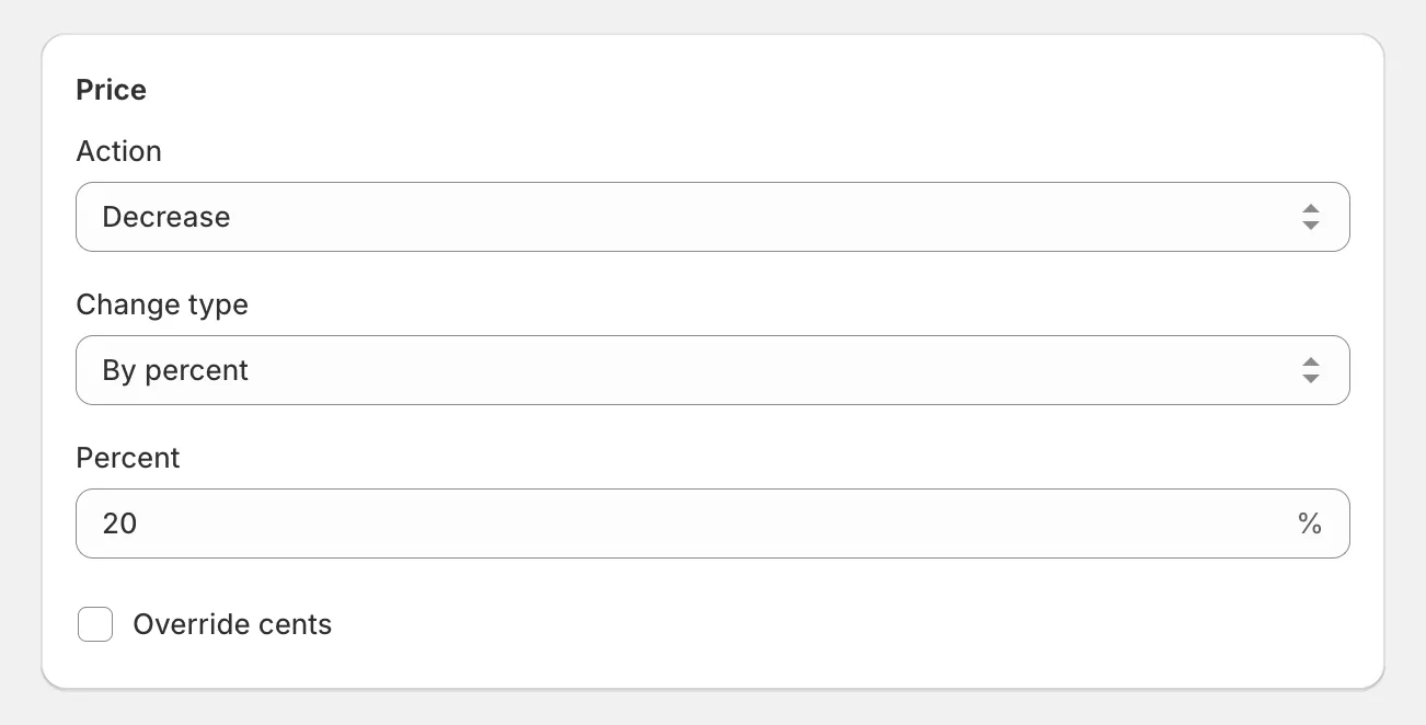The Price card with Decrease price selected and a percent entered