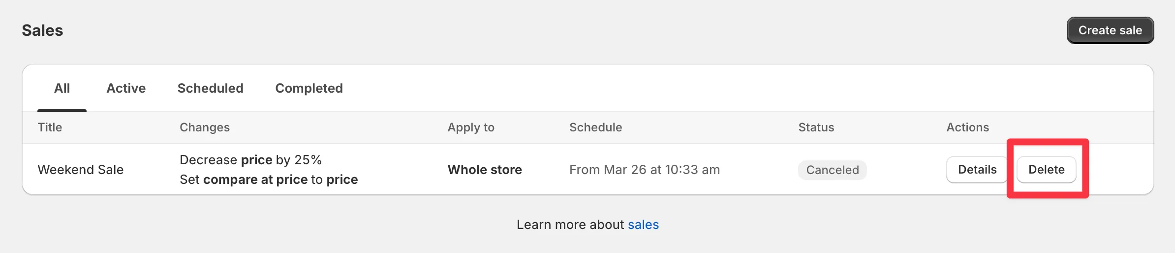 The Delete button next to a completed sale in the sales list