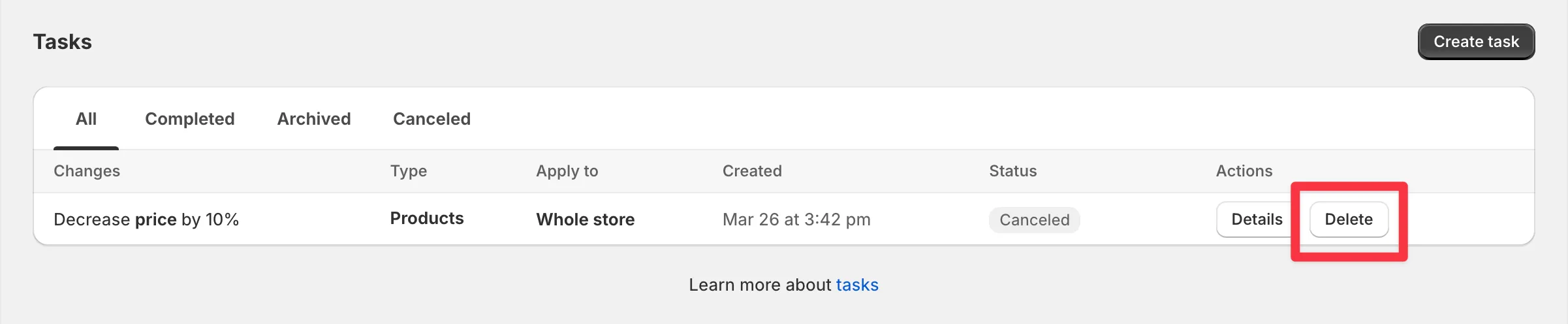 The Delete button next to a canceled task in the task list