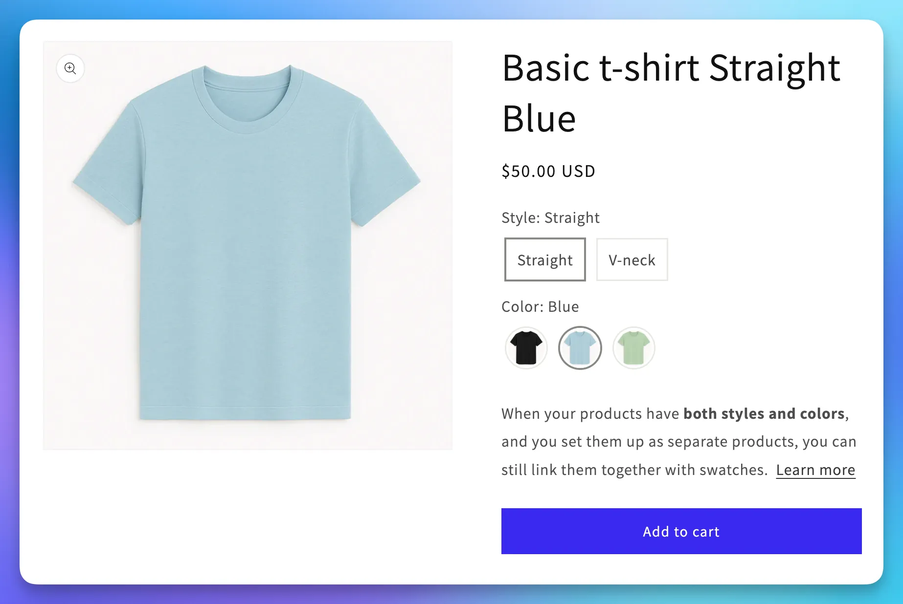 Product page with three swatch rows for Color, Style, and Material from a single multi-option group
