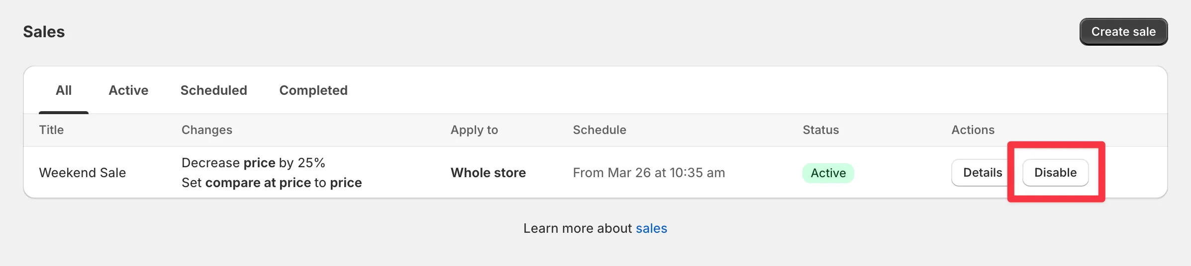 The Disable button next to an active sale in the sales list