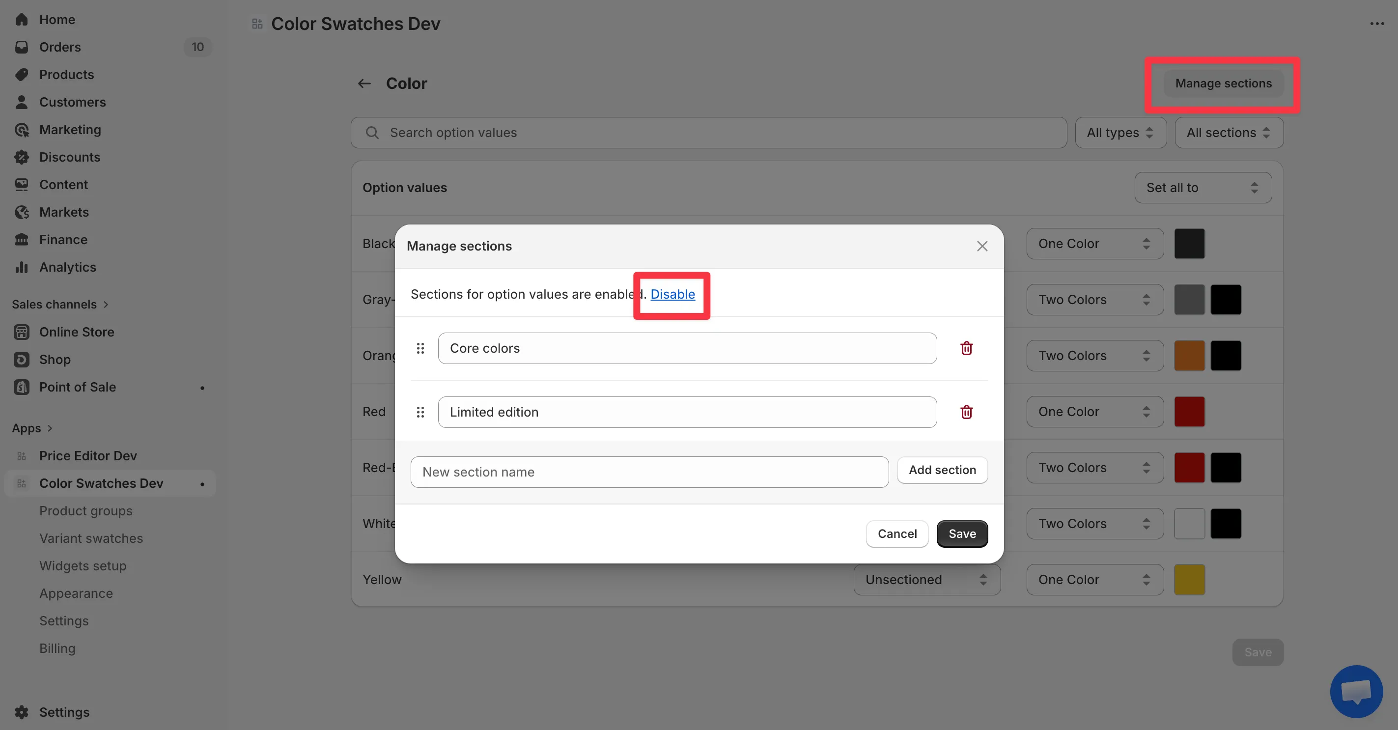 The Manage sections dialog with the Disable link highlighted at the top.