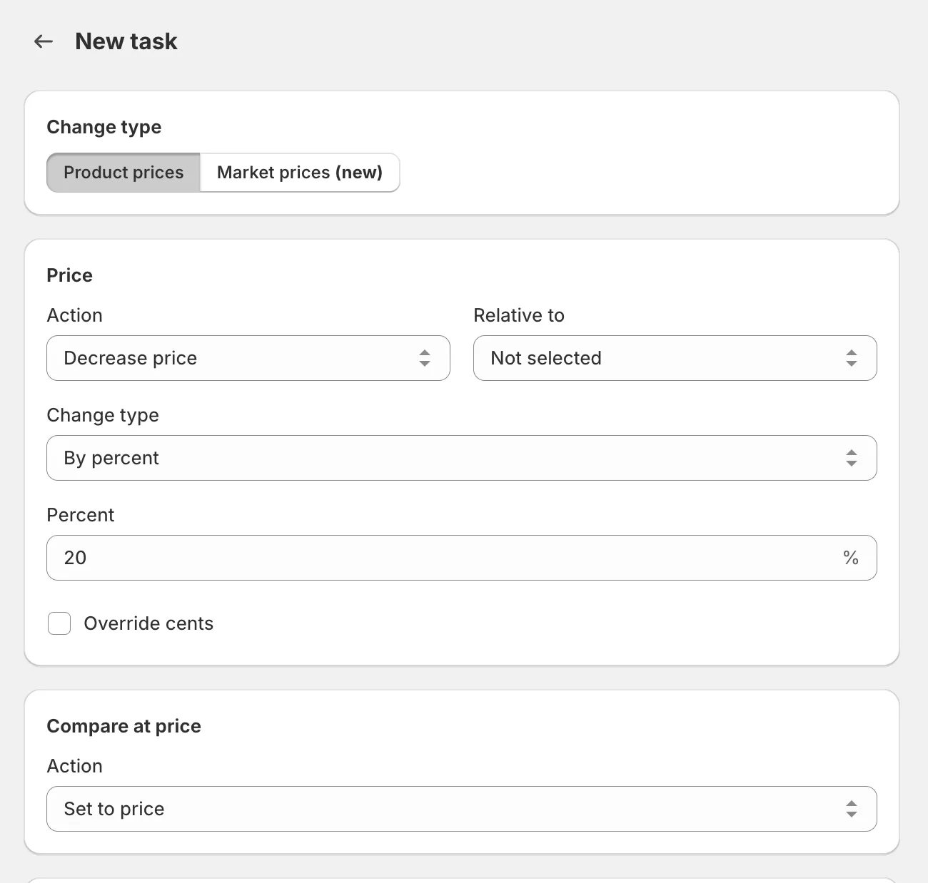 A task configured to decrease price by 20% and set compare at price to price