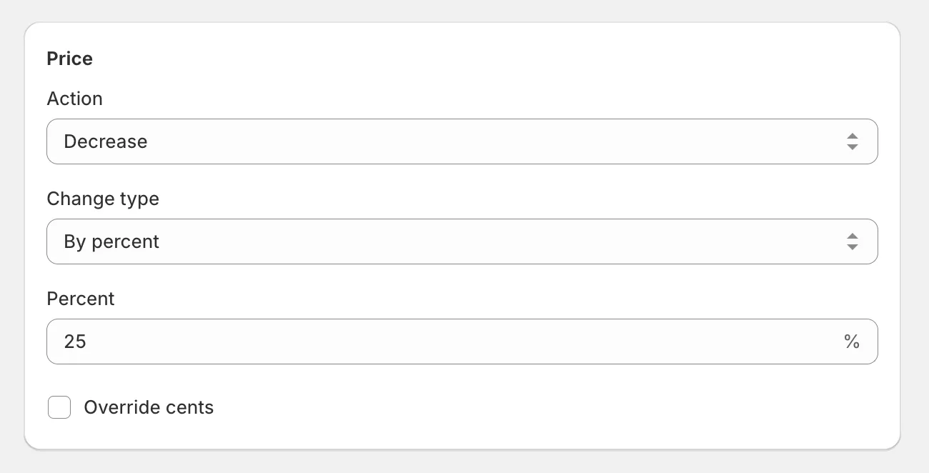 The Price card with Decrease price selected and a percent entered