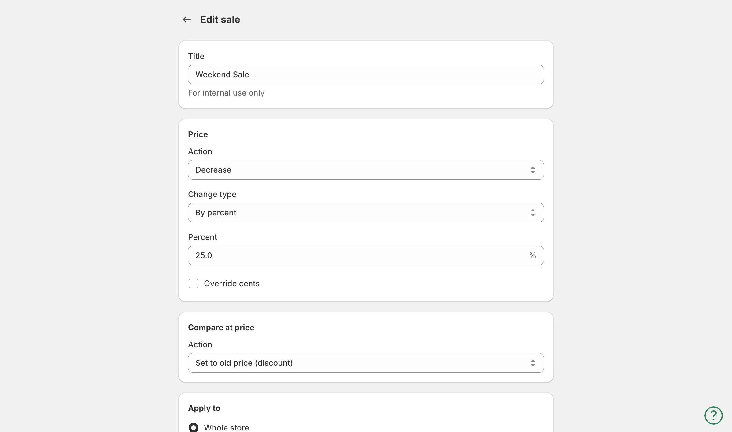 The sale form open for editing