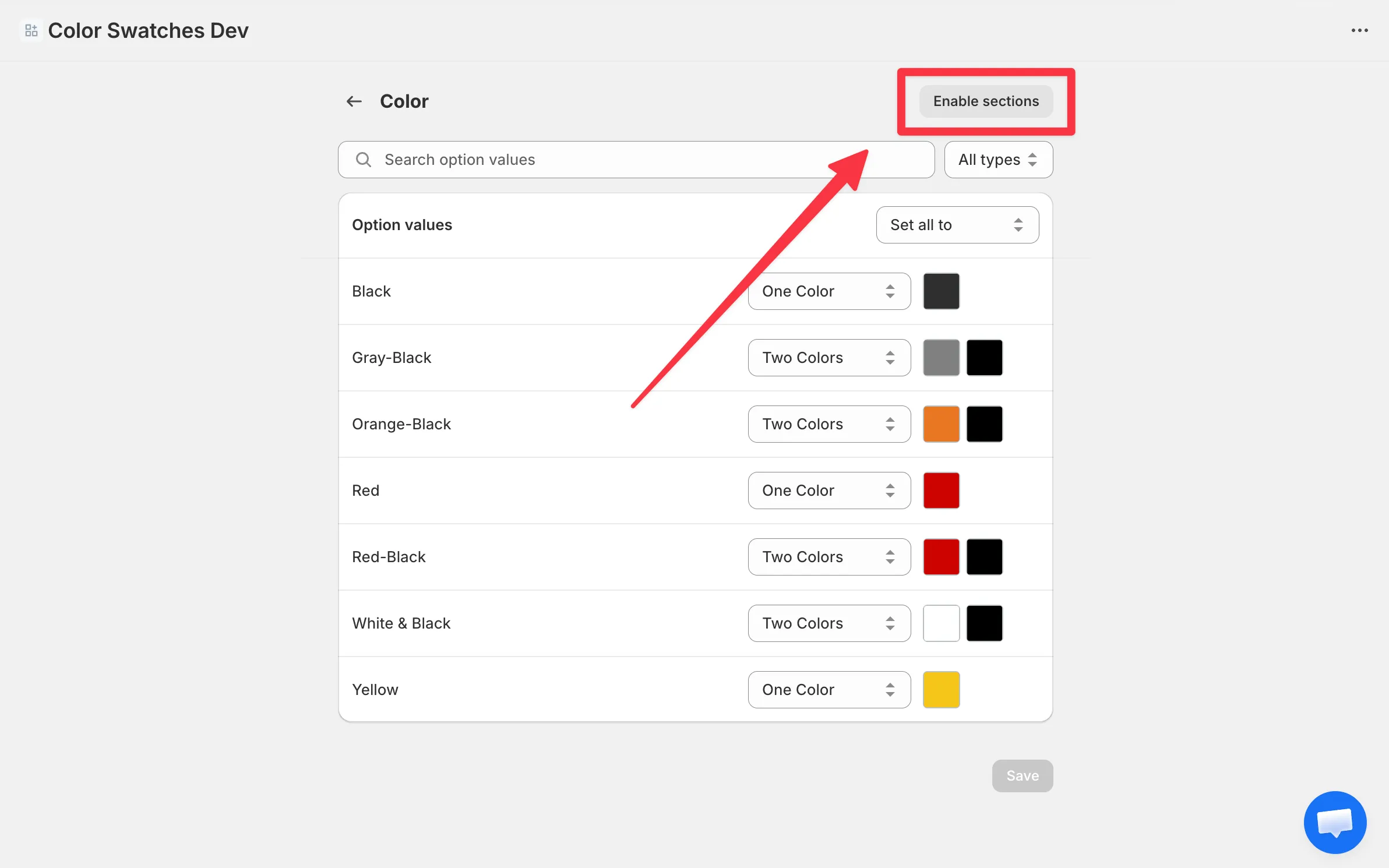 The Color option page with the Enable sections button highlighted in the top right.