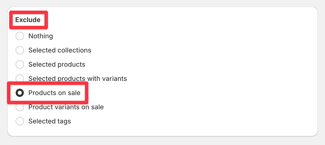 The Exclude card with Products on sale selected