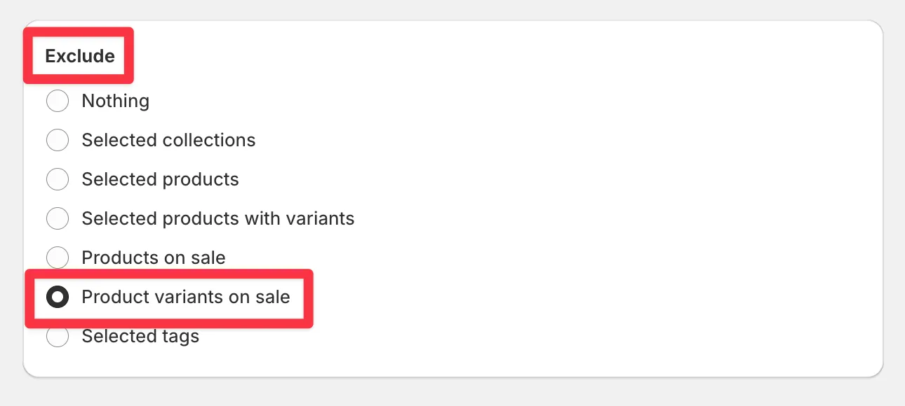 The Exclude card with Product variants on sale selected