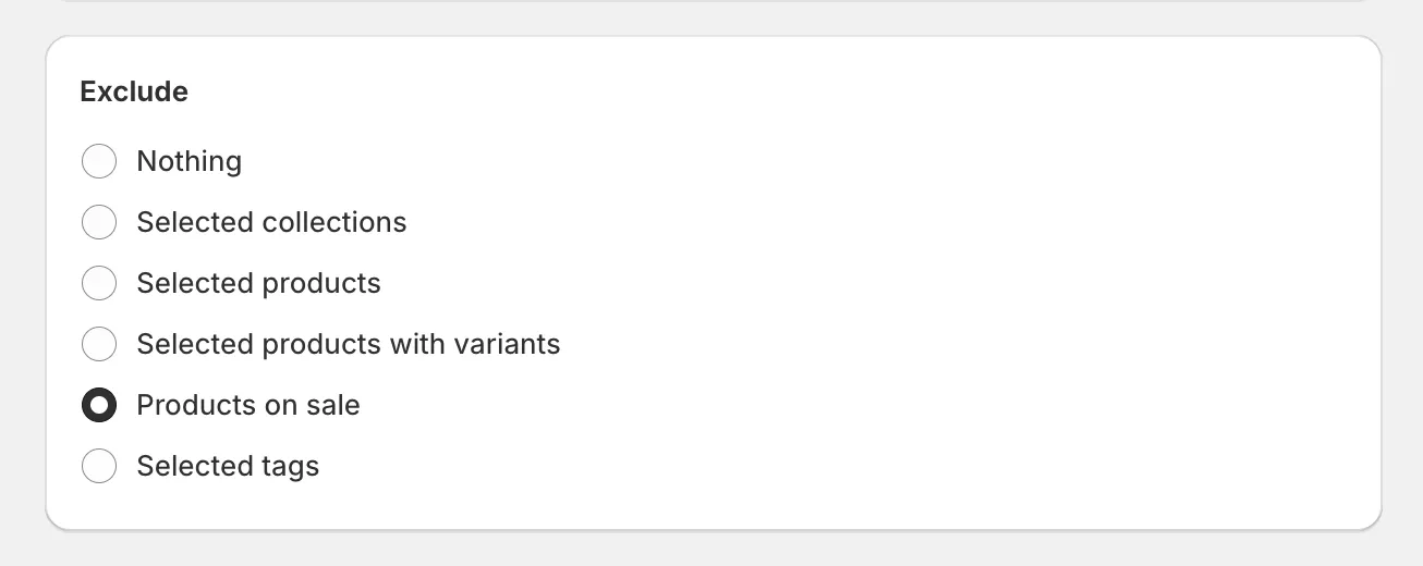 The Exclude card with the exclusion options