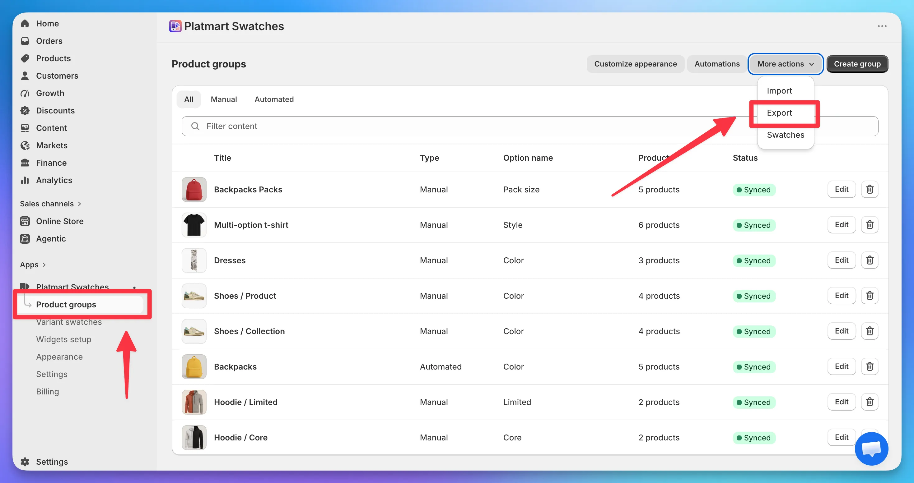 The Product groups page with the More actions menu open and Export highlighted.