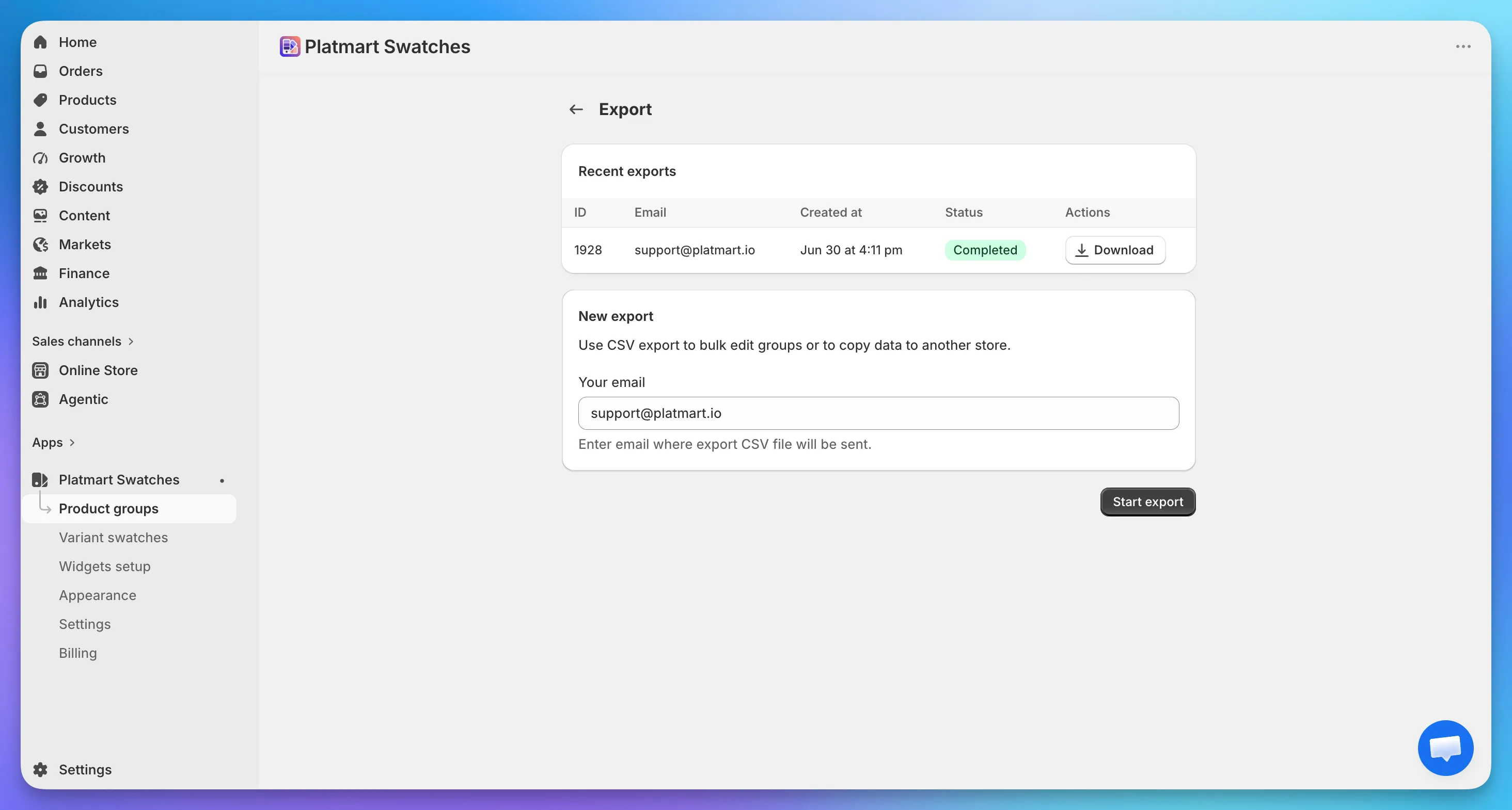 The Export screen showing the Recent exports list with a Download button, and the New export form with an email field and Start export button.
