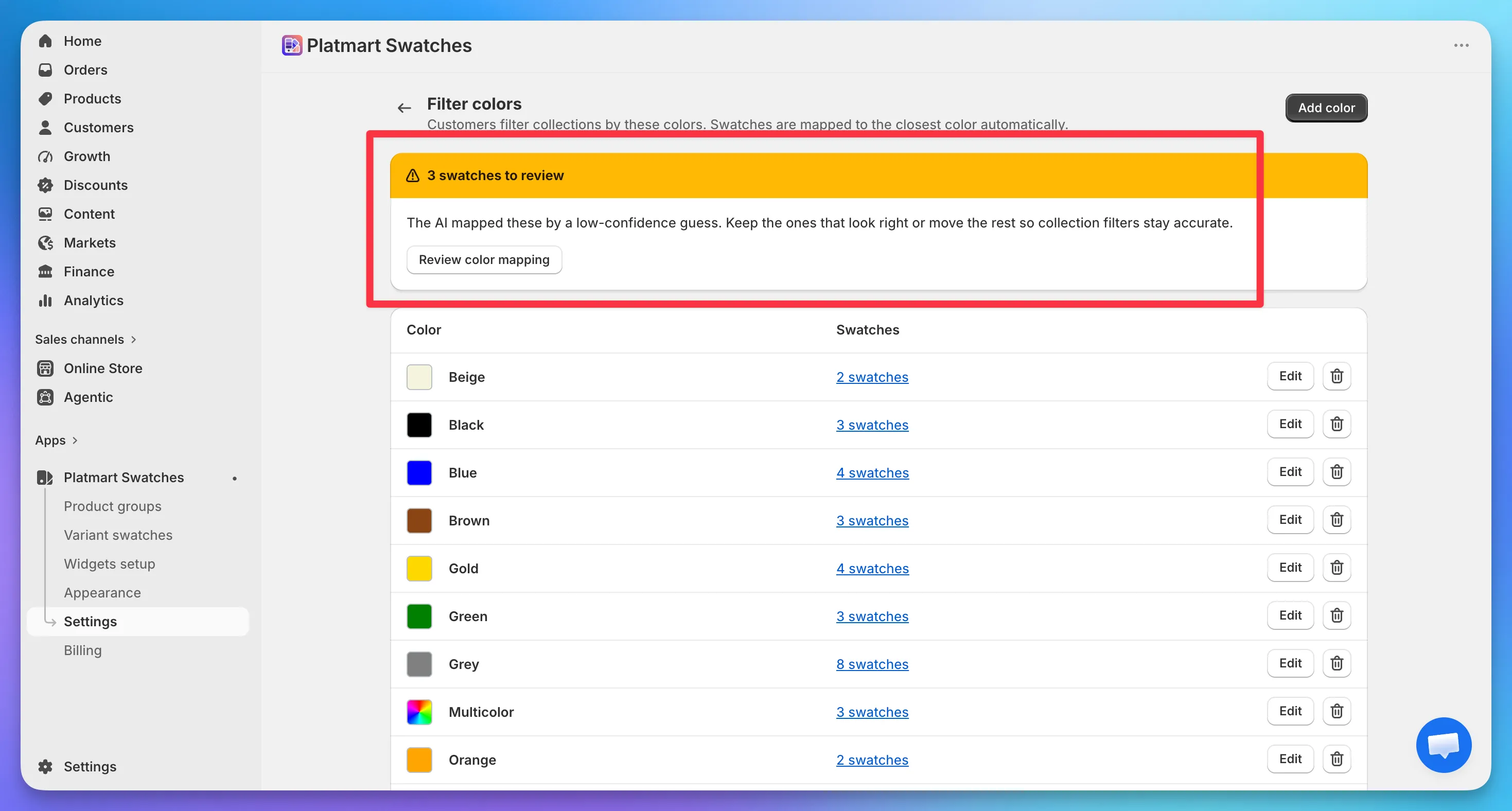 The Filter colors page with a '3 swatches to review' warning banner and a Review color mapping button above the color list.