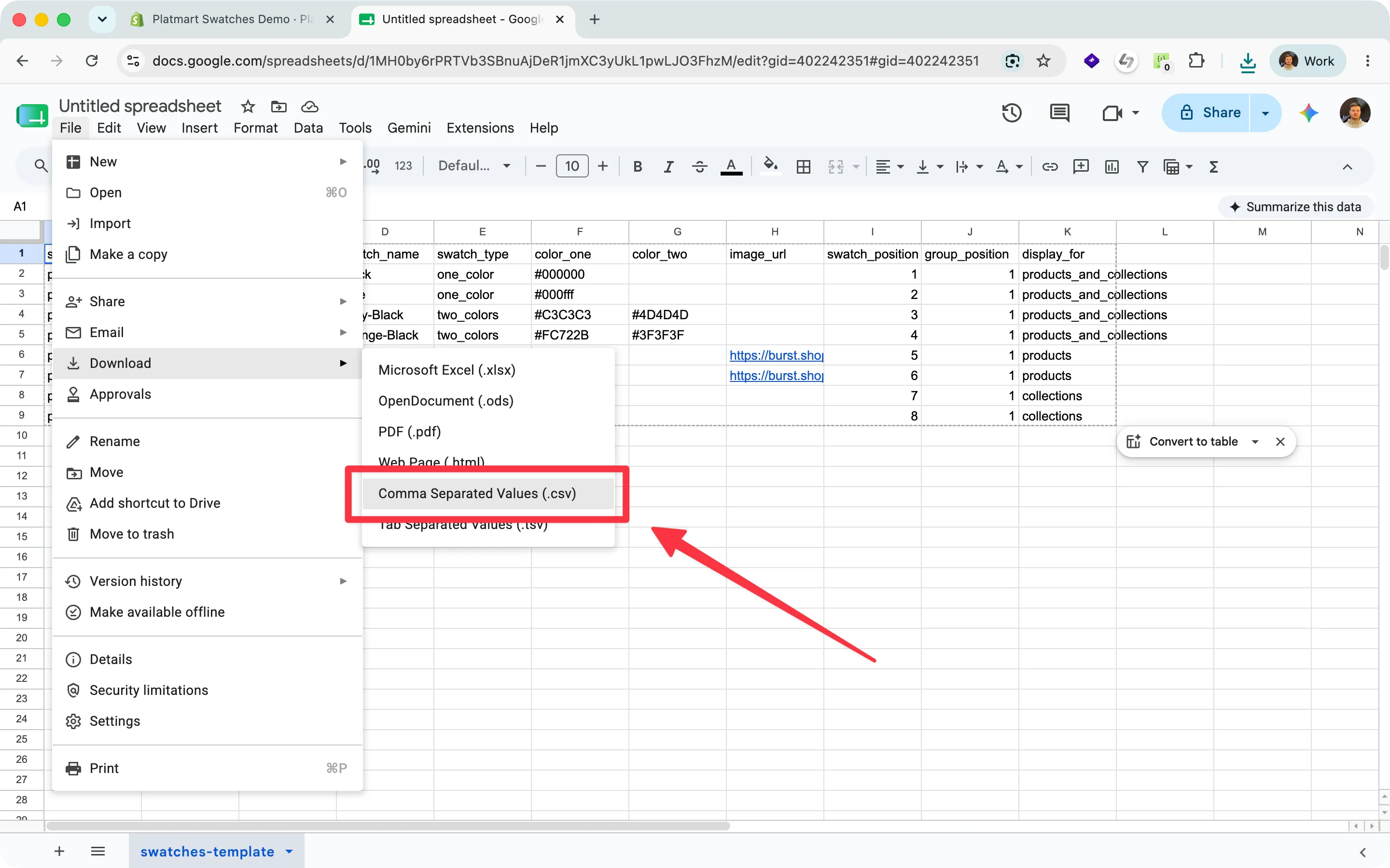 The File > Download > Comma-separated values option in Google Sheets.