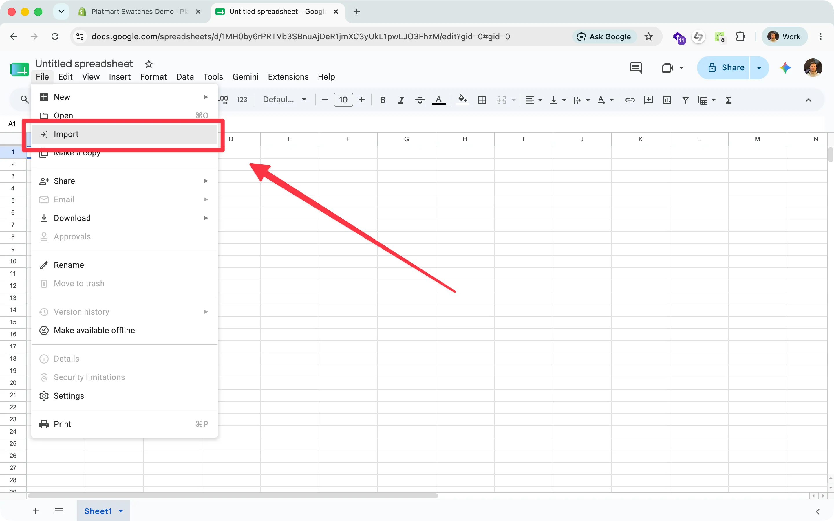 The File > Import dialog in Google Sheets, uploading a CSV file.