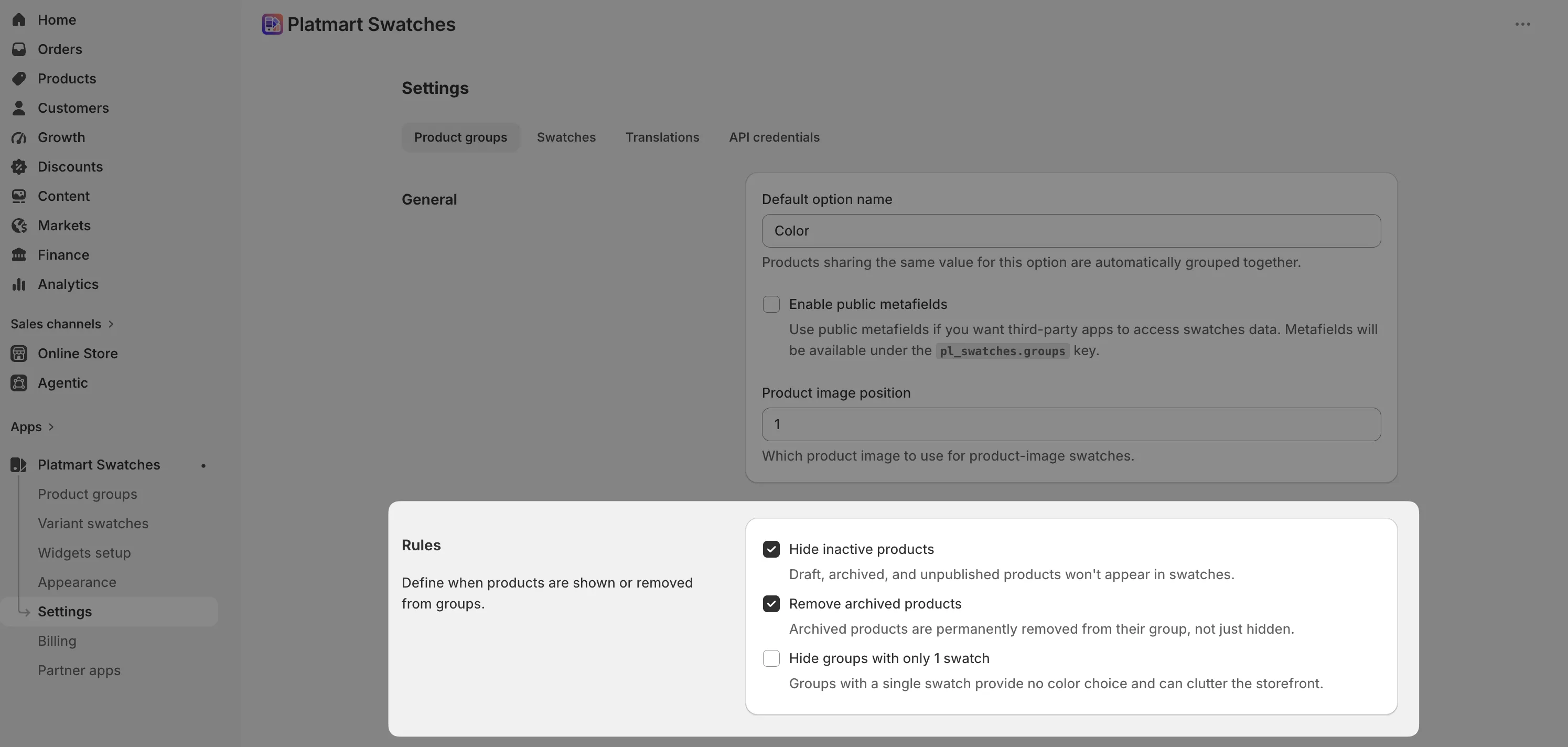 The Rules card in Settings, Product groups, with Hide inactive products and Remove archived products enabled